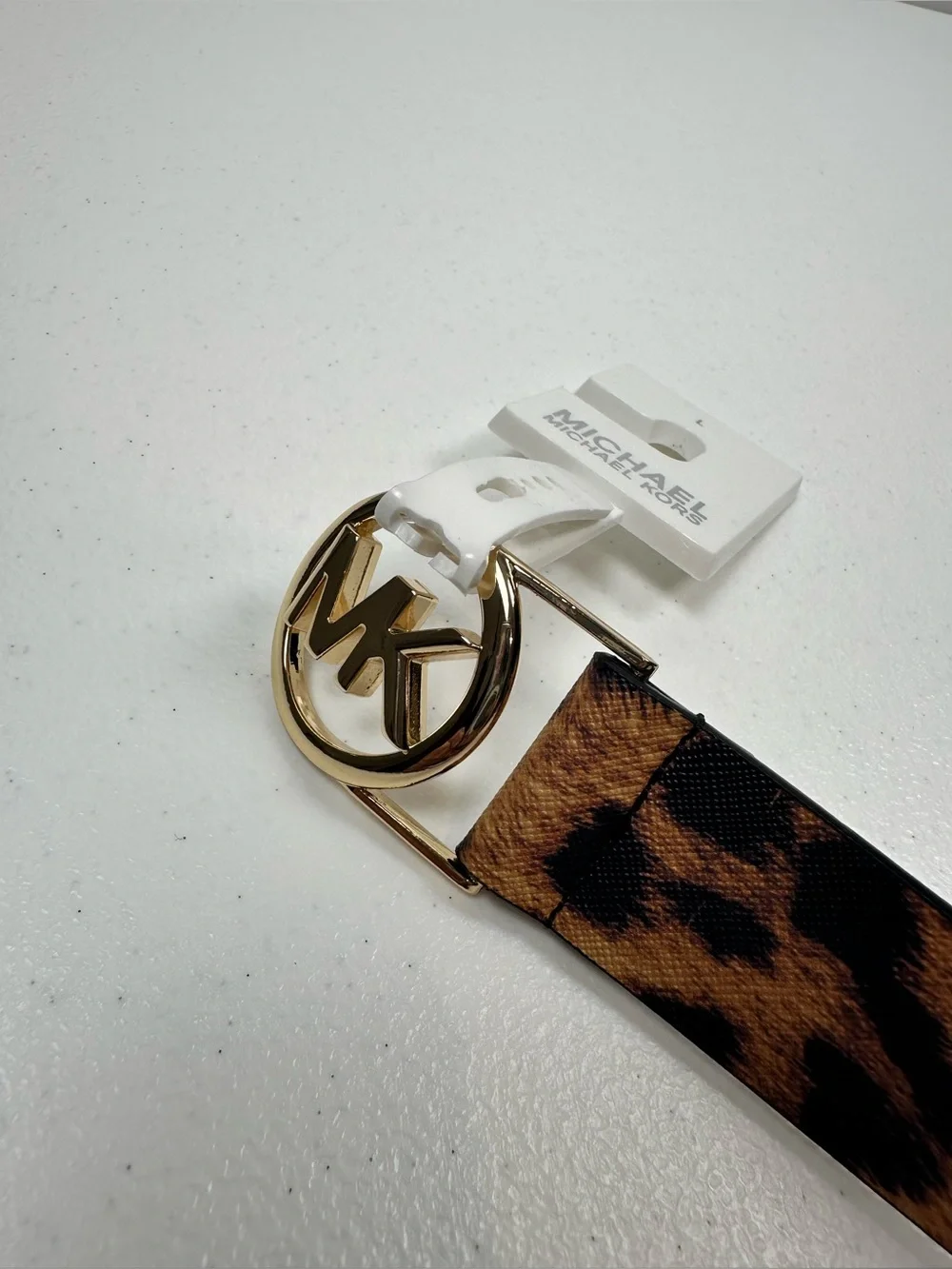 MICHAEL KORS WOMEN LEATHER BELT MK LOGO GOLD BUCKLE‎ CHEETAH LEOPARD PRINT Sz L